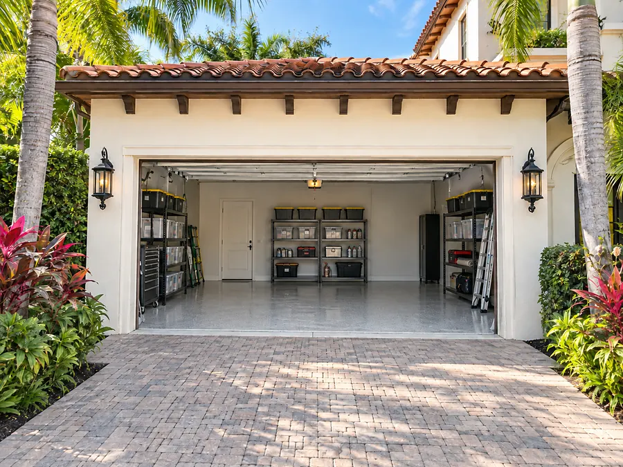 The same garage, cleared and swept