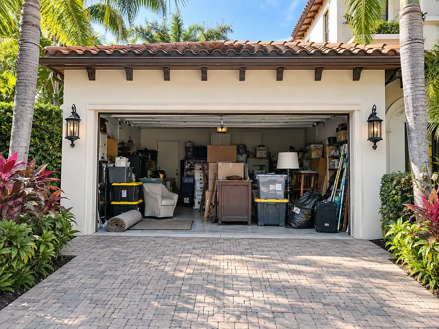 A packed two-car garage before the cleanout