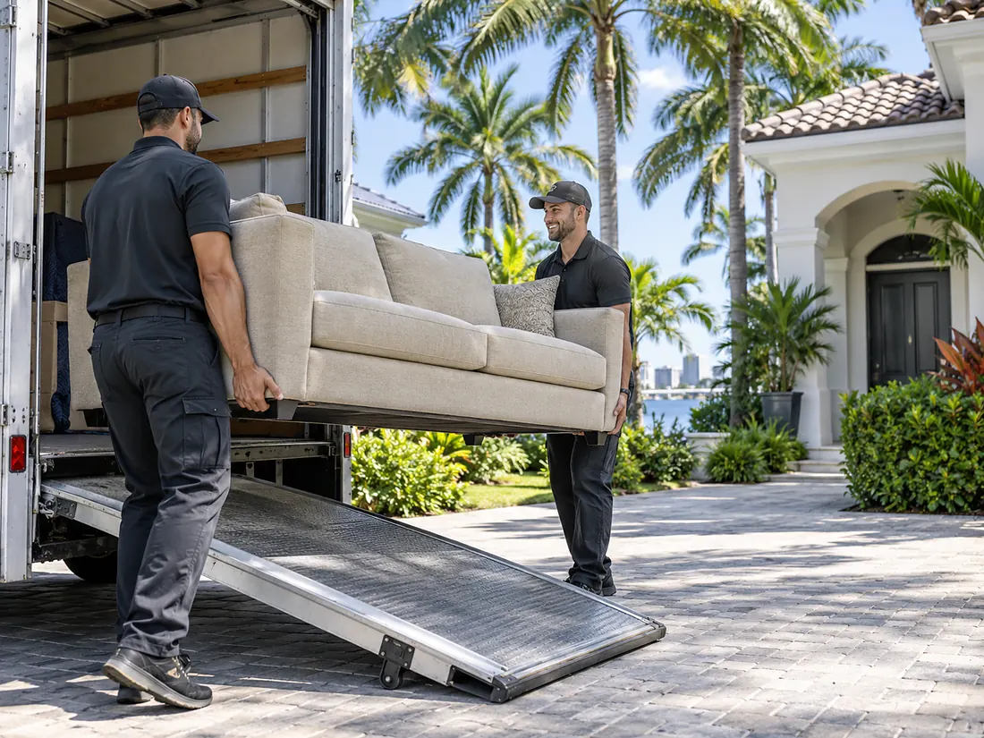 Two Load Off crew members carrying a sofa up a truck ramp