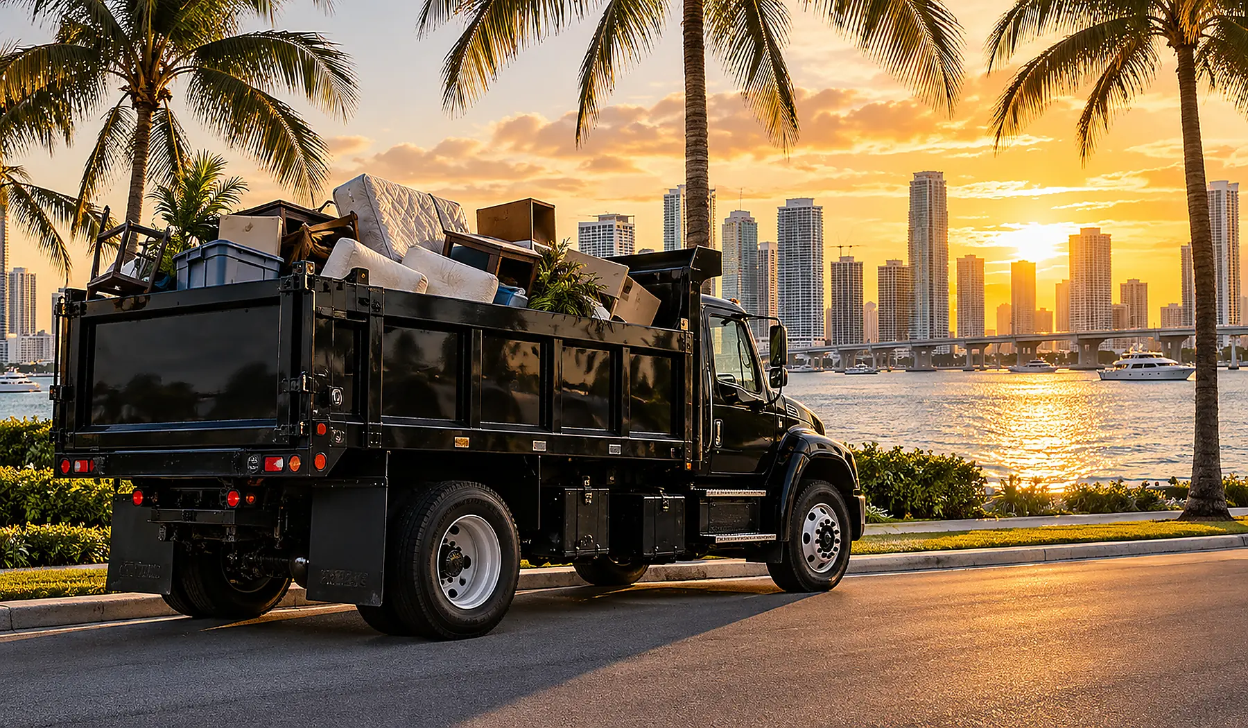 Load Off truck loaded with furniture and debris at sunset on the South Florida waterfront